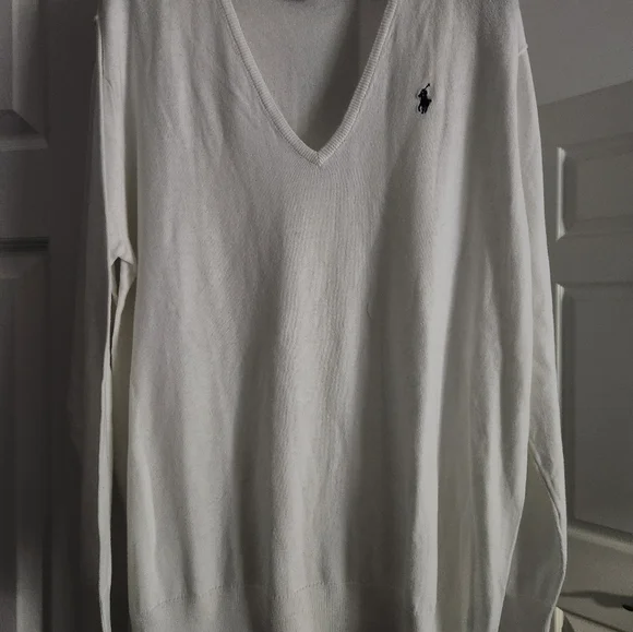 Ralph Lauren Sport White V-Neck Cotton Sweater Navy Blue Pony XL - Picture 4 of 7